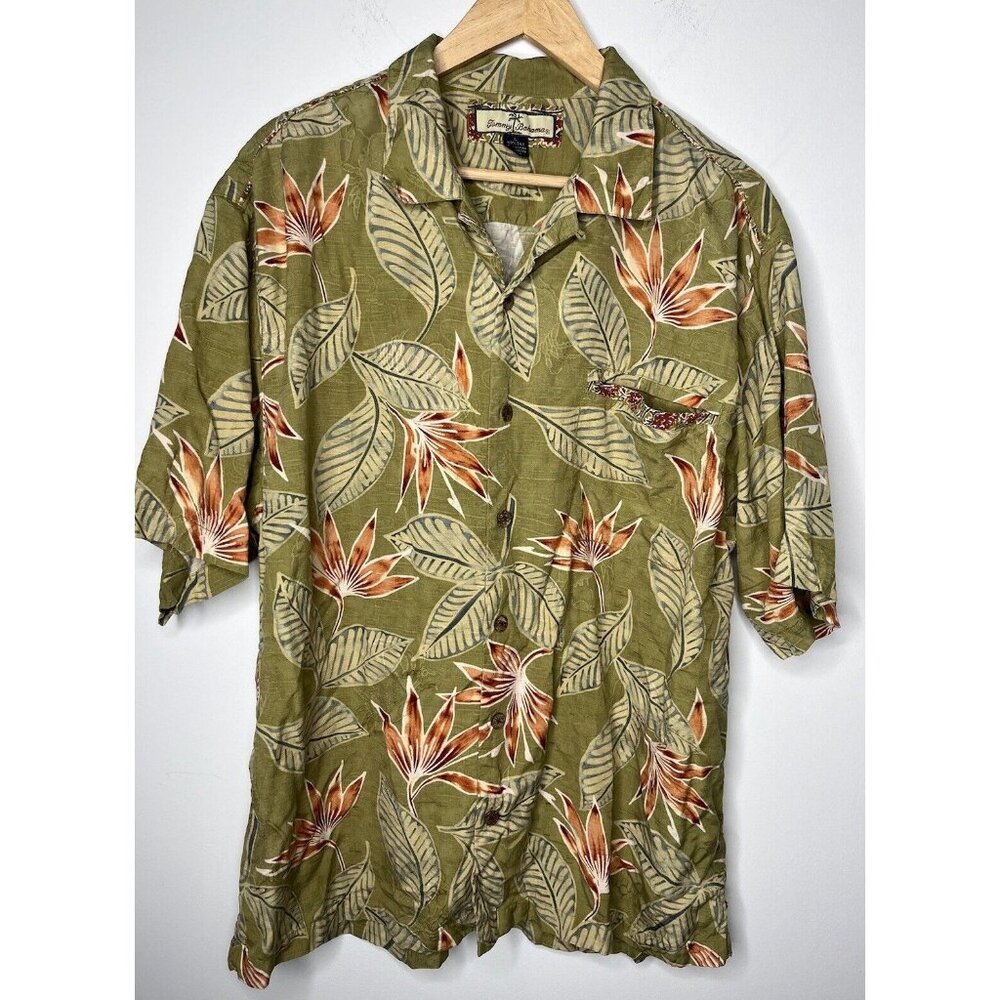 Tommy Bahama 100% Silk Hawaiian Shirt‎ w/Pocket Green/Orange Size Large